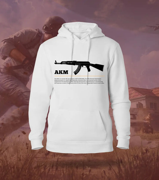 AKM – Classic Power Modern Style BGMI Hoodie | 300 GSM Brushed Fleece - White / XS / Regular - BGMI/PUBG