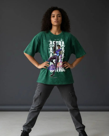 Astra – Cosmic Vision Valorant Acid Wash Tee | Bold Gamer Streetwear - Bottle Green / XS - Valorant