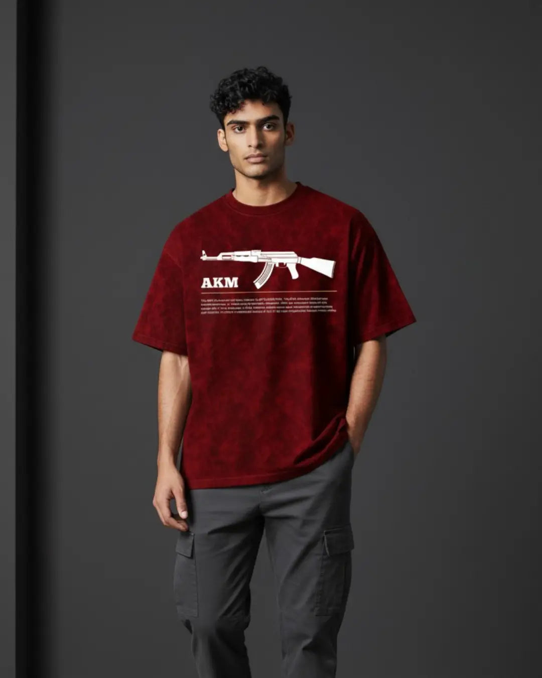 BGMI AKM – Hard-Hitting AR Acid Wash Oversized T-Shirt | 240 GSM Heavyweight Tee - Maroon / S - BGMI/PUBG