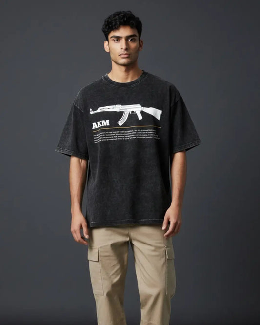 BGMI AKM – Hard-Hitting AR Acid Wash Oversized T-Shirt | 240 GSM Heavyweight Tee - Black / S - BGMI/PUBG