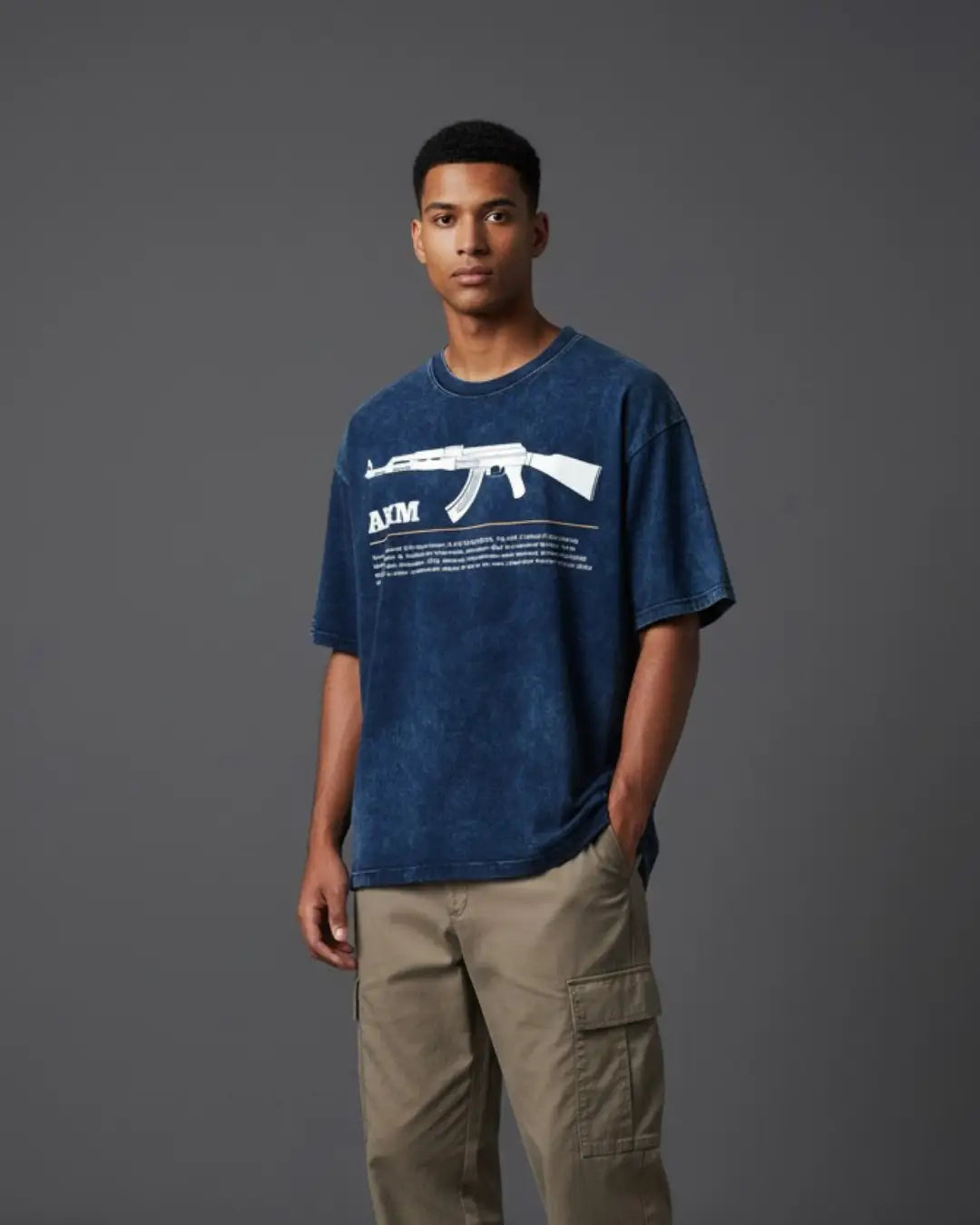 BGMI AKM – Hard-Hitting AR Acid Wash Oversized T-Shirt | 240 GSM Heavyweight Tee - Navy / S - BGMI/PUBG
