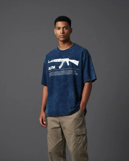 BGMI AKM – Hard-Hitting AR Acid Wash Oversized T-Shirt | 240 GSM Heavyweight Tee - Navy / S - BGMI/PUBG