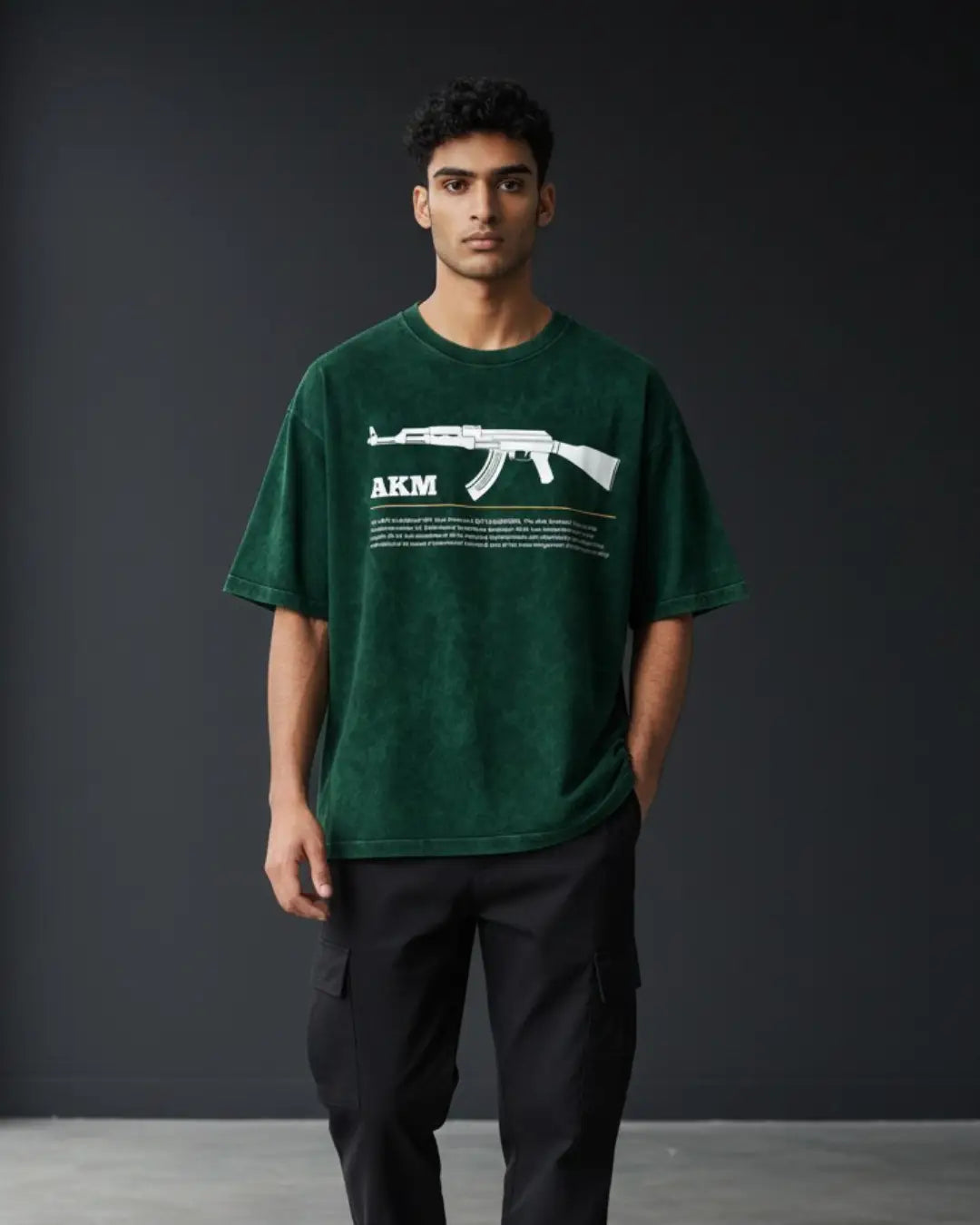 BGMI AKM – Hard-Hitting AR Acid Wash Oversized T-Shirt | 240 GSM Heavyweight Tee - Bottle Green / S - BGMI/PUBG