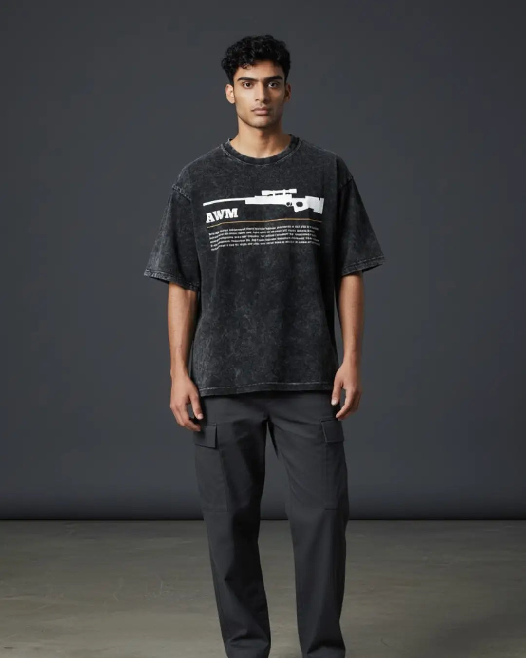 BGMI AWM – One-Shot Legend Acid Wash Oversized T-Shirt | 240 GSM Heavyweight Tee - Black / S - BGMI/PUBG