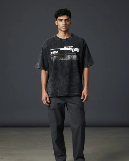 BGMI AWM – One-Shot Legend Acid Wash Oversized T-Shirt | 240 GSM Heavyweight Tee - Black / S - BGMI/PUBG