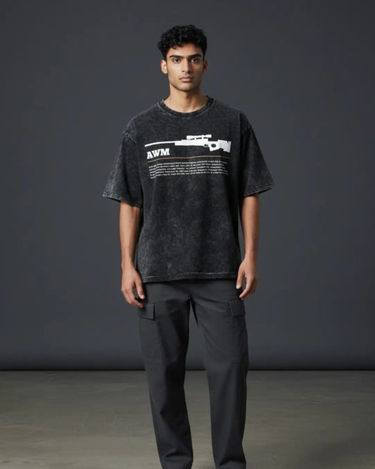 BGMI AWM – One-Shot Legend Acid Wash Oversized T-Shirt | 240 GSM Heavyweight Tee - Black / S - BGMI/PUBG