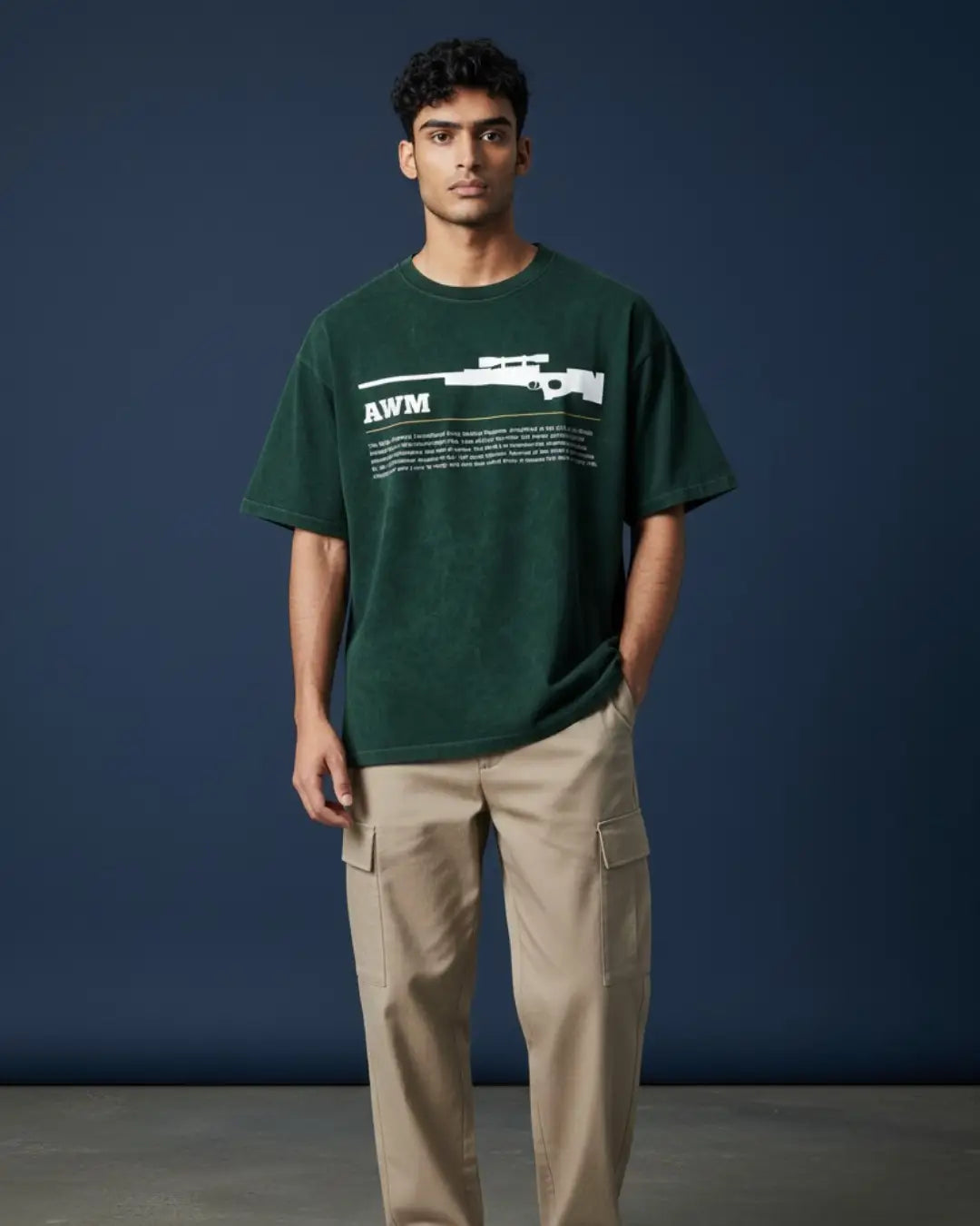 BGMI AWM – One-Shot Legend Acid Wash Oversized T-Shirt | 240 GSM Heavyweight Tee - Bottle Green / S - BGMI/PUBG