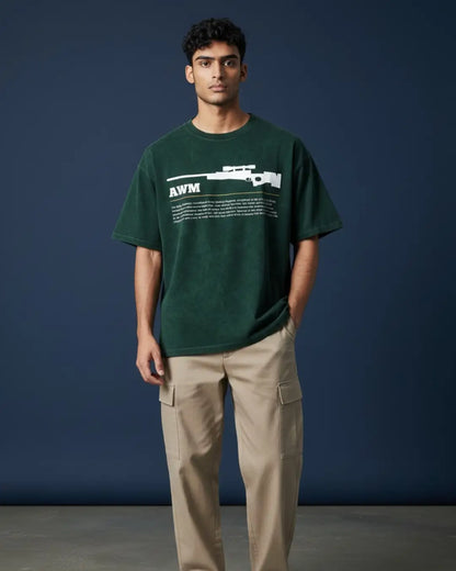 BGMI AWM – One-Shot Legend Acid Wash Oversized T-Shirt | 240 GSM Heavyweight Tee - Bottle Green / S - BGMI/PUBG