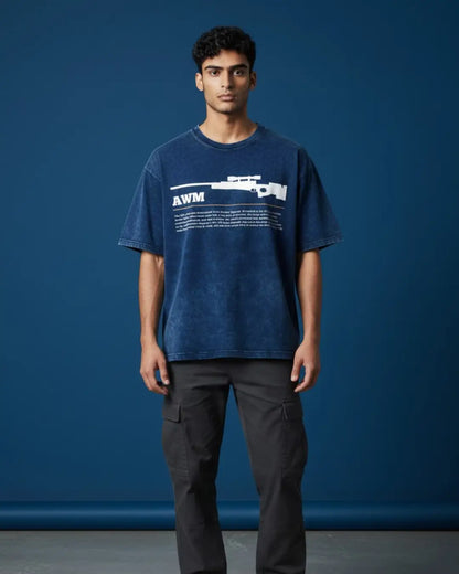 BGMI AWM – One-Shot Legend Acid Wash Oversized T-Shirt | 240 GSM Heavyweight Tee - Navy / S - BGMI/PUBG