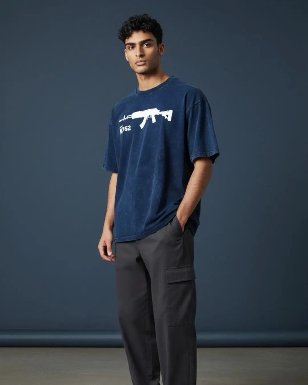 BGMI Beryl M762 – Heavy Spray Acid Wash Oversized T-Shirt | 240 GSM Heavyweight Tee - Navy / S - BGMI/PUBG