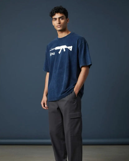 BGMI Beryl M762 – Heavy Spray Acid Wash Oversized T-Shirt | 240 GSM Heavyweight Tee - Navy / S - BGMI/PUBG