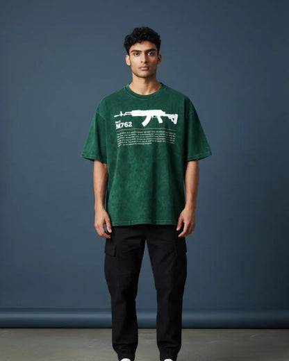 BGMI Beryl M762 – Heavy Spray Acid Wash Oversized T-Shirt | 240 GSM Heavyweight Tee - Bottle Green / S - BGMI/PUBG