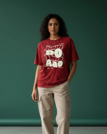 BGMI Damage Do Ander Aao – OG Punchline Acid Wash Oversized T-Shirt | 240 GSM Heavyweight Tee - Maroon / S - BGMI/PUBG