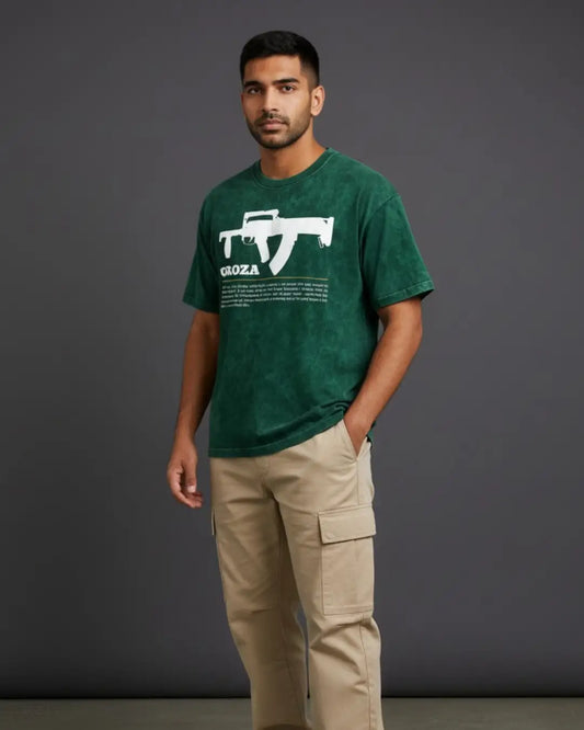 BGMI Groza – Airdrop Beast Acid Wash Oversized T-Shirt | 240 GSM Heavyweight Tee - Bottle Green / S - BGMI/PUBG