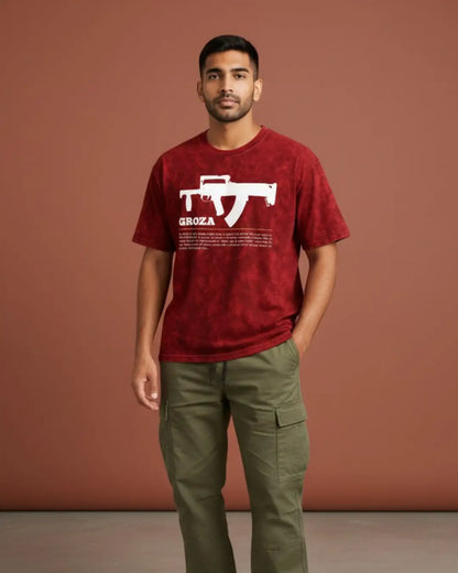 BGMI Groza – Airdrop Beast Acid Wash Oversized T-Shirt | 240 GSM Heavyweight Tee - Maroon / S - BGMI/PUBG
