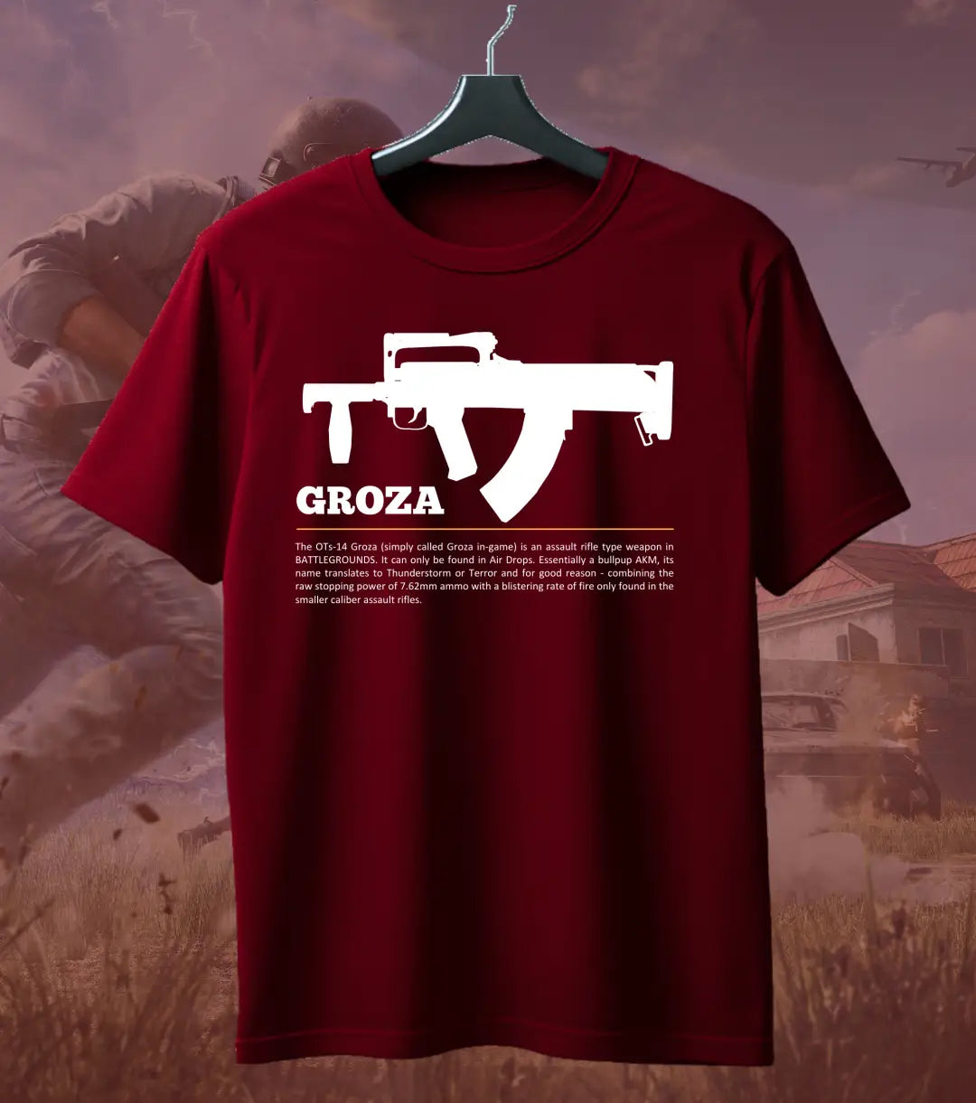 BGMI Groza T-Shirt | PUBG Drop Weapon Graphic Tee - Maroon / S - BGMI/PUBG