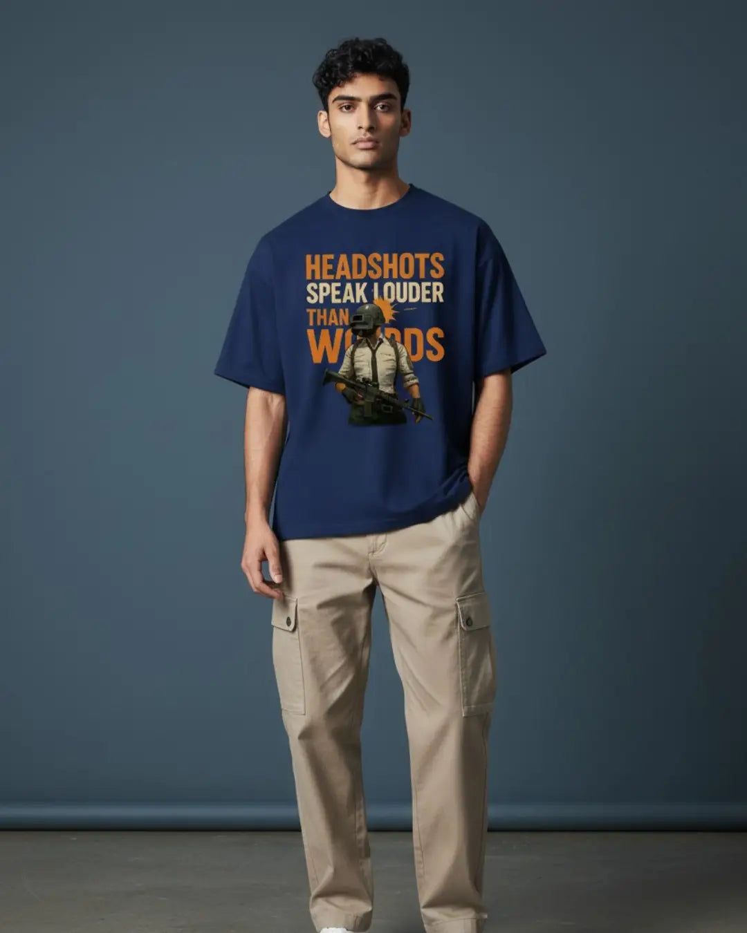 BGMI Headshots Speak Louder Than Words Oversized T-Shirt – Clutch Gamer Tee | 240 GSM Heavyweight Gamer Tee - Navy / XS