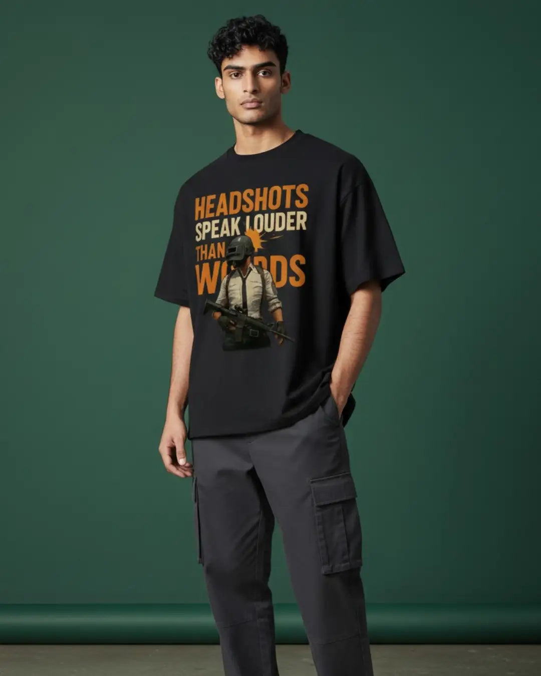 BGMI Headshots Speak Louder Than Words Oversized T-Shirt – Clutch Gamer Tee | 240 GSM Heavyweight Gamer Tee - Black