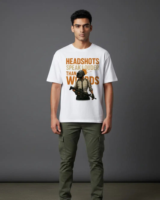 BGMI Headshots Speak Louder Than Words Oversized T-Shirt – Clutch Gamer Tee | 240 GSM Heavyweight Gamer Tee - White