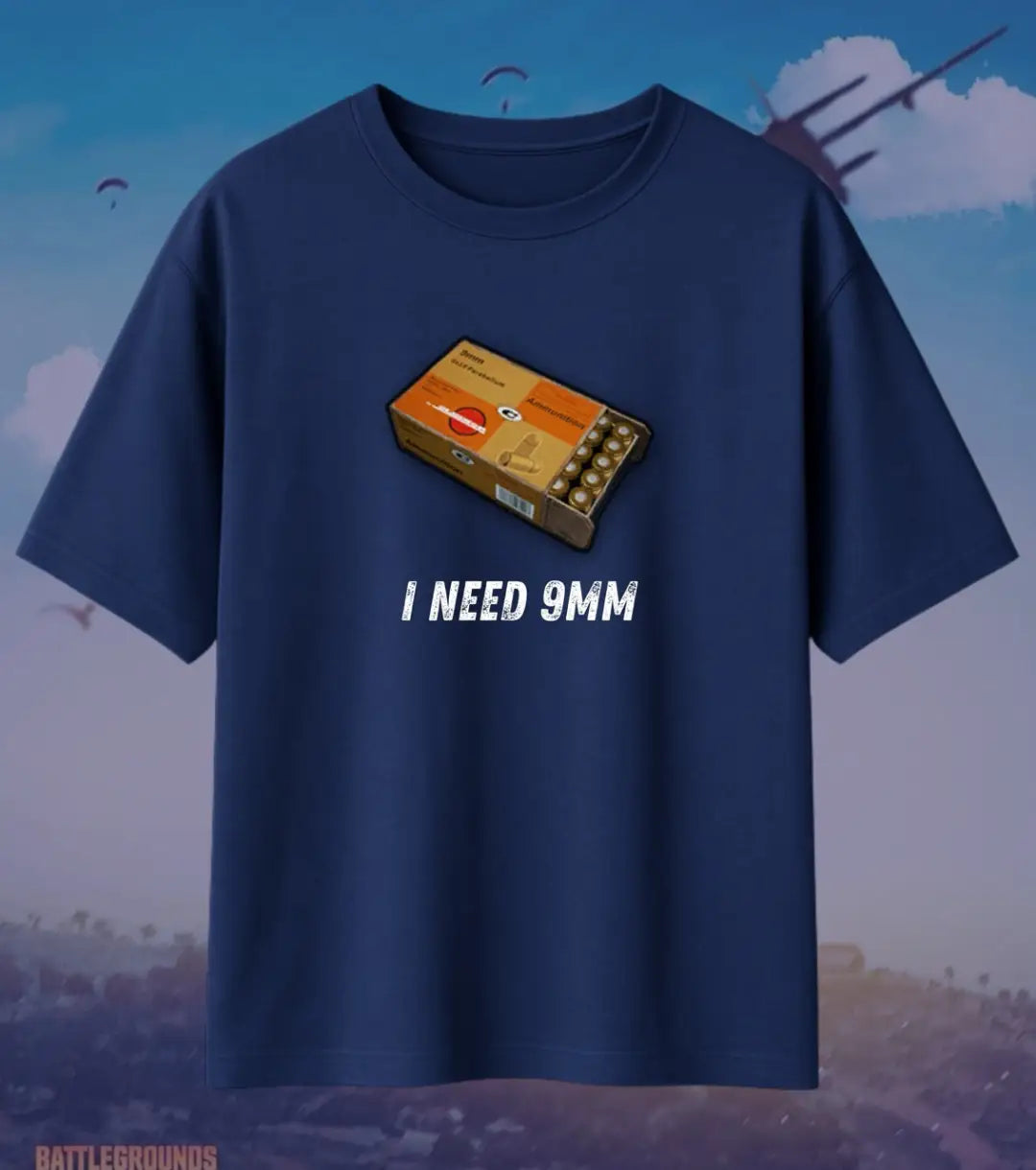 BGMI I Need Ammo Oversized T-Shirt – Squad Loot Meme Tee | 240 GSM Heavyweight Gamer Tee - 9 mm / XS / Navy - BGMI/PUBG