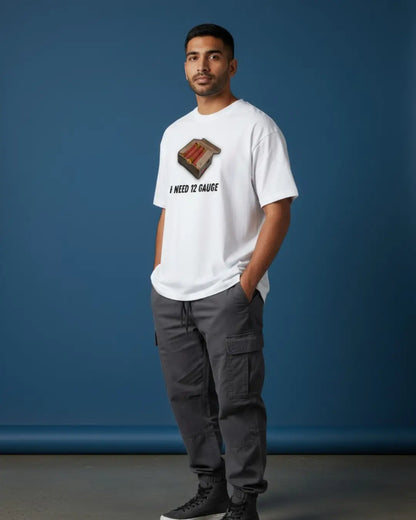 BGMI I Need Ammo Oversized T-Shirt – Squad Loot Meme Tee | 240 GSM Heavyweight Gamer Tee - 12 Gauge / XS / White