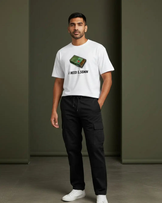 BGMI I Need Ammo Oversized T-Shirt – Squad Loot Meme Tee | 240 GSM Heavyweight Gamer Tee - 5.56mm / XS / White