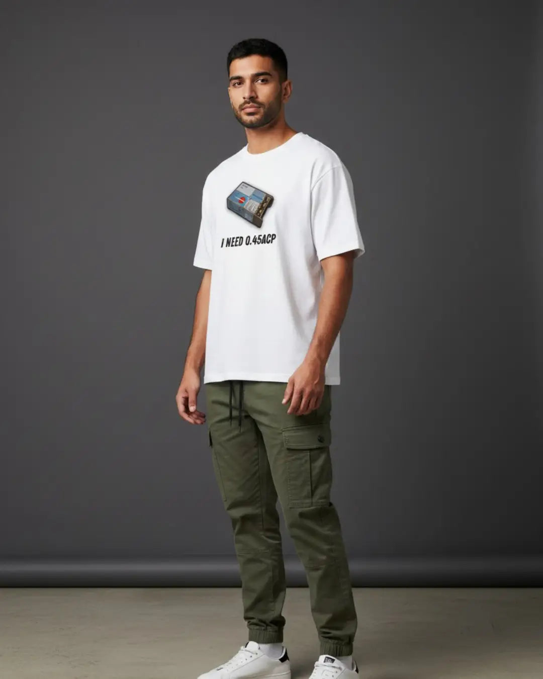 BGMI I Need Ammo Oversized T-Shirt – Squad Loot Meme Tee | 240 GSM Heavyweight Gamer Tee -.45 ACP / XS / White