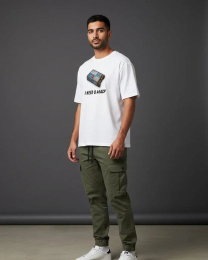 BGMI I Need Ammo Oversized T-Shirt – Squad Loot Meme Tee | 240 GSM Heavyweight Gamer Tee -.45 ACP / XS / White