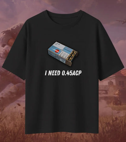BGMI I Need Ammo Oversized T-Shirt – Squad Loot Meme Tee | 240 GSM Heavyweight Gamer Tee -.45 ACP / XS / Black