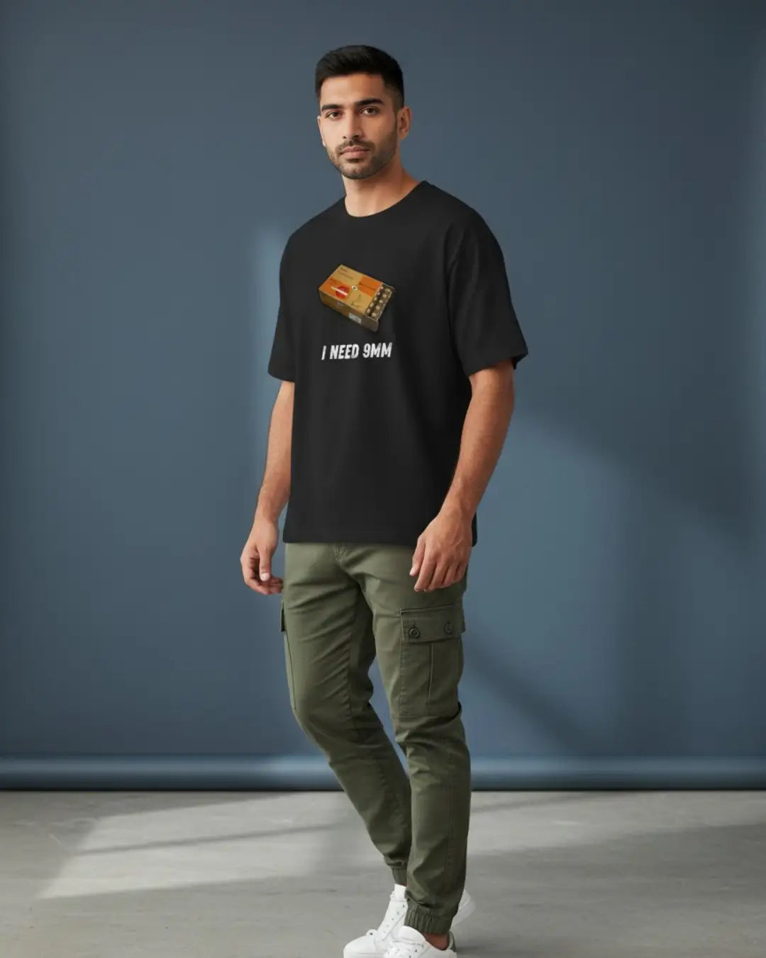 BGMI I Need Ammo Oversized T-Shirt – Squad Loot Meme Tee | 240 GSM Heavyweight Gamer Tee - 9 mm / XS / Black - BGMI/PUBG