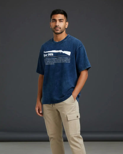 BGMI Kar98k – Marksman Legend Acid Wash Oversized T-Shirt | 240 GSM Heavyweight Tee - Navy / S - BGMI/PUBG