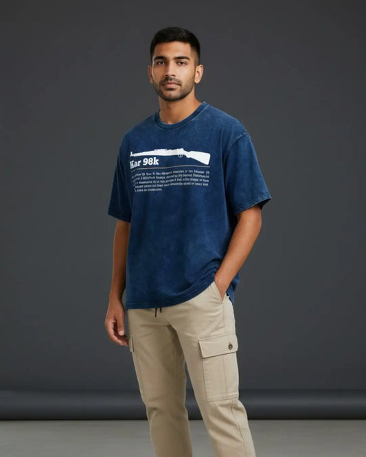 BGMI Kar98k – Marksman Legend Acid Wash Oversized T-Shirt | 240 GSM Heavyweight Tee - Navy / S - BGMI/PUBG