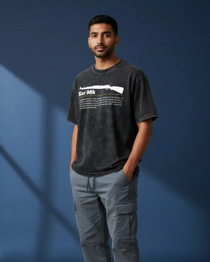 BGMI Kar98k – Marksman Legend Acid Wash Oversized T-Shirt | 240 GSM Heavyweight Tee - Black / S - BGMI/PUBG