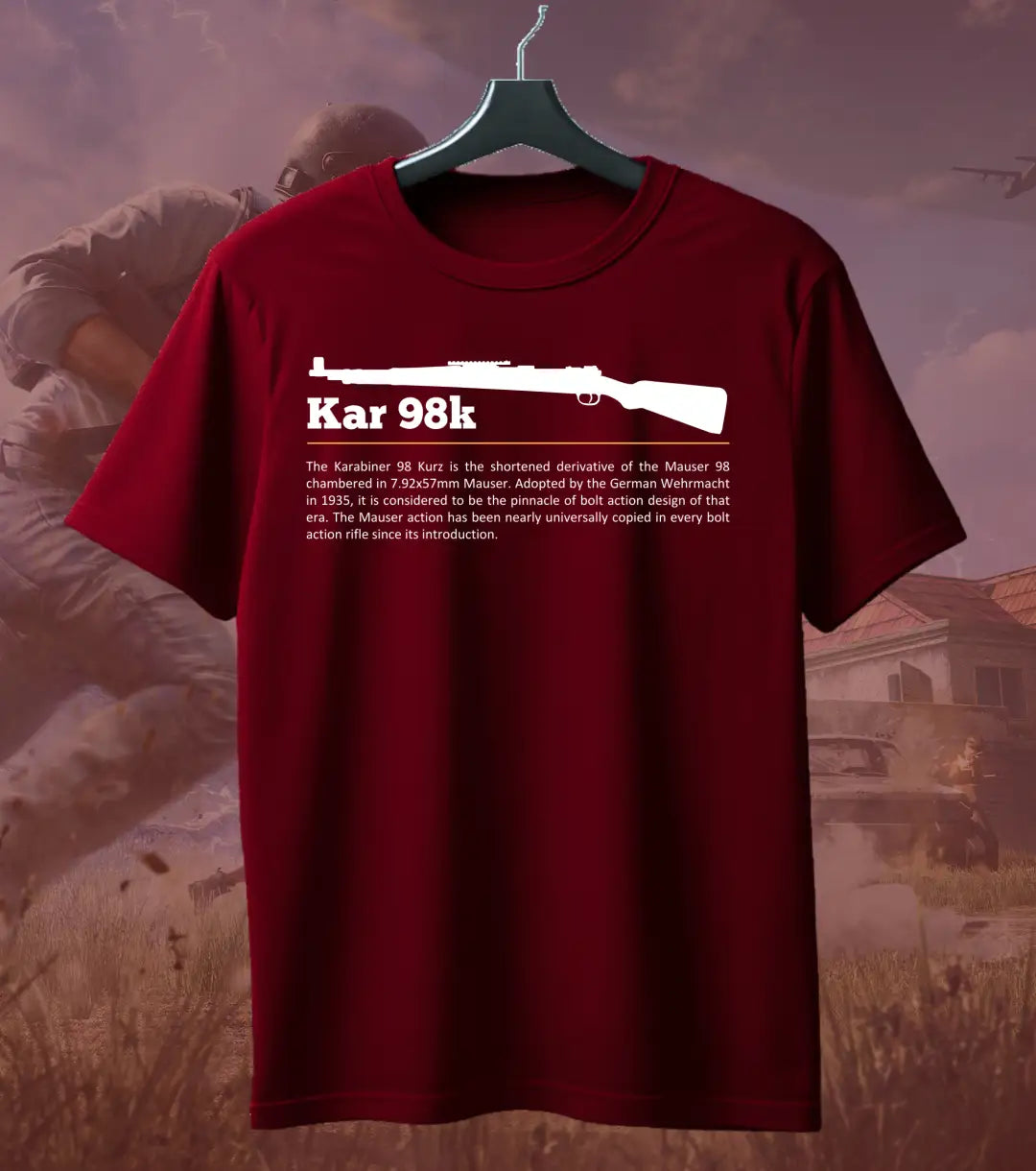 BGMI Kar98k T-Shirt | PUBG Bolt-Action Sniper Tee - Maroon / S - BGMI/PUBG