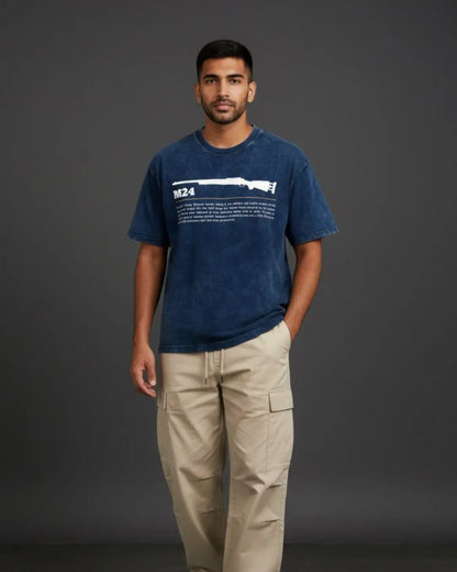 BGMI M24 – Elite Sniper Acid Wash Oversized T-Shirt | 240 GSM Heavyweight Tee - Navy / S - BGMI/PUBG