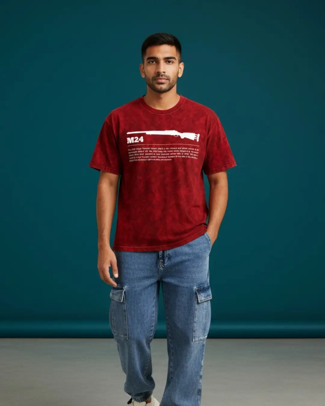 BGMI M24 – Elite Sniper Acid Wash Oversized T-Shirt | 240 GSM Heavyweight Tee - Maroon / S - BGMI/PUBG