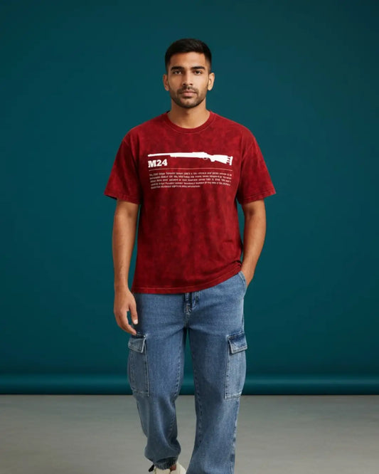BGMI M24 – Elite Sniper Acid Wash Oversized T-Shirt | 240 GSM Heavyweight Tee - Maroon / S - BGMI/PUBG