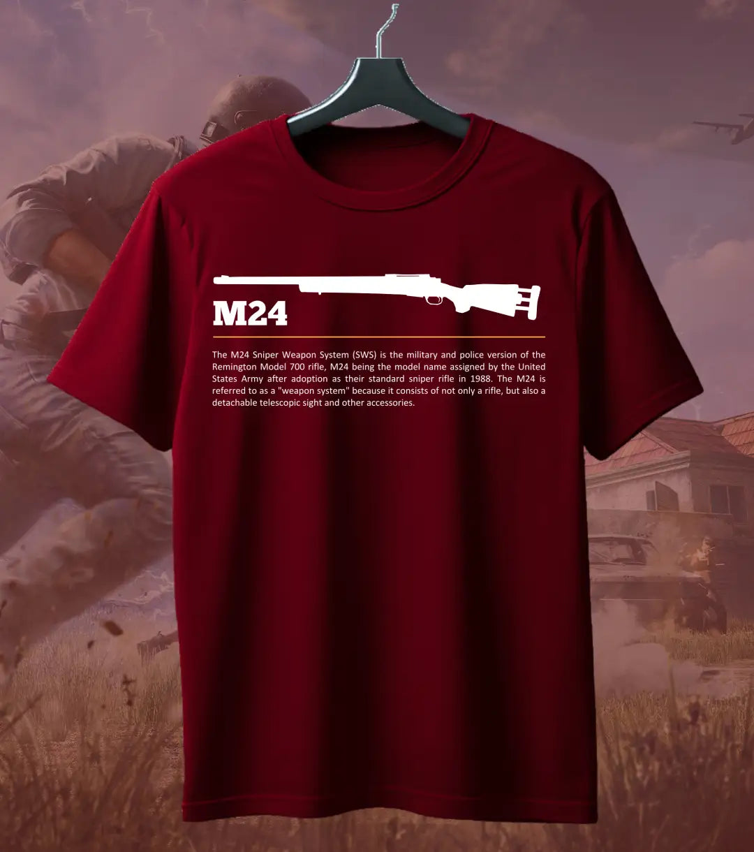BGMI M24 T-Shirt | PUBG Sniper Rifle Graphic Tee - Maroon / S - BGMI/PUBG