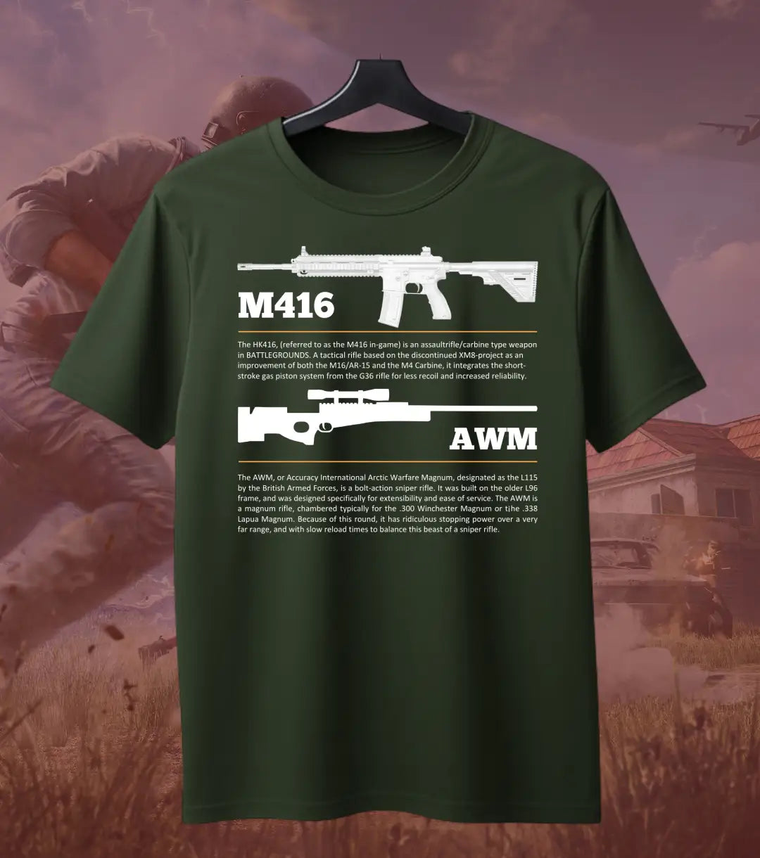 BGMI M4 Combo T-Shirt | PUBG Battle Royale Weapon Tee - S / Bottle Green / AWM - BGMI/PUBG