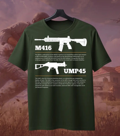BGMI M4 Combo T-Shirt | PUBG Battle Royale Weapon Tee - S / Bottle Green / UMP45 - BGMI/PUBG