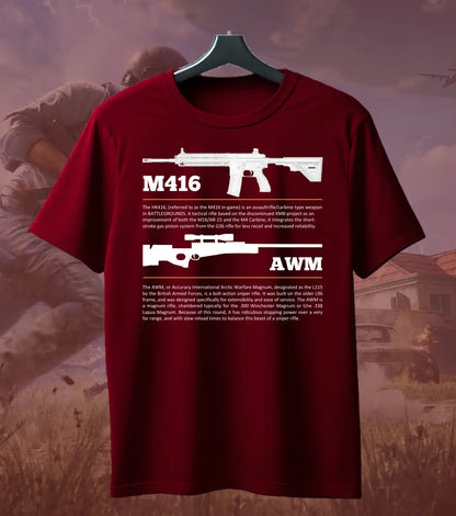 BGMI M4 Combo T-Shirt | PUBG Battle Royale Weapon Tee - S / Maroon / AWM - BGMI/PUBG