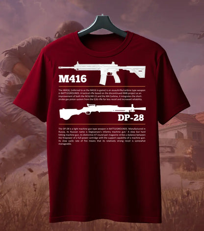 BGMI M4 Combo T-Shirt | PUBG Battle Royale Weapon Tee - S / Maroon / DP-28 - BGMI/PUBG