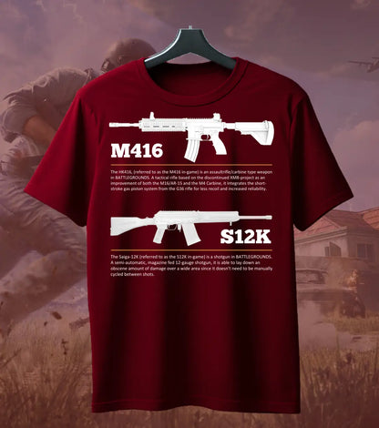 BGMI M4 Combo T-Shirt | PUBG Battle Royale Weapon Tee - S / Maroon / S12K - BGMI/PUBG