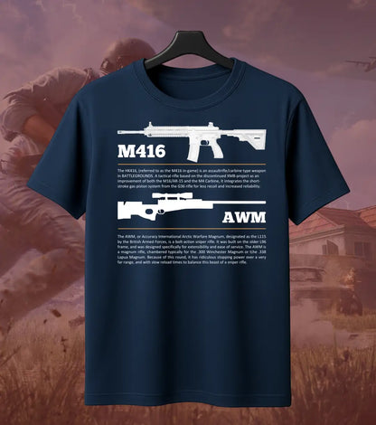 BGMI M4 Combo T-Shirt | PUBG Battle Royale Weapon Tee - S / Navy / AWM - BGMI/PUBG