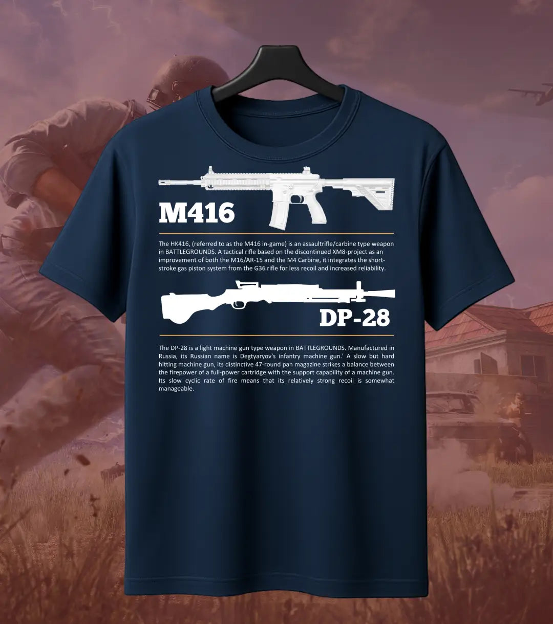BGMI M4 Combo T-Shirt | PUBG Battle Royale Weapon Tee - S / Navy / DP-28 - BGMI/PUBG