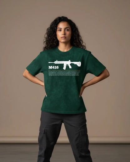 BGMI M416 Graphic Acid Wash Oversized T-Shirt | Premium 240 GSM Heavyweight Tee - Bottle Green / S - BGMI/PUBG