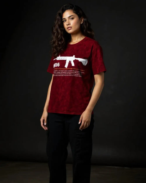 BGMI M416 Graphic Acid Wash Oversized T-Shirt | Premium 240 GSM Heavyweight Tee - Maroon / S - BGMI/PUBG