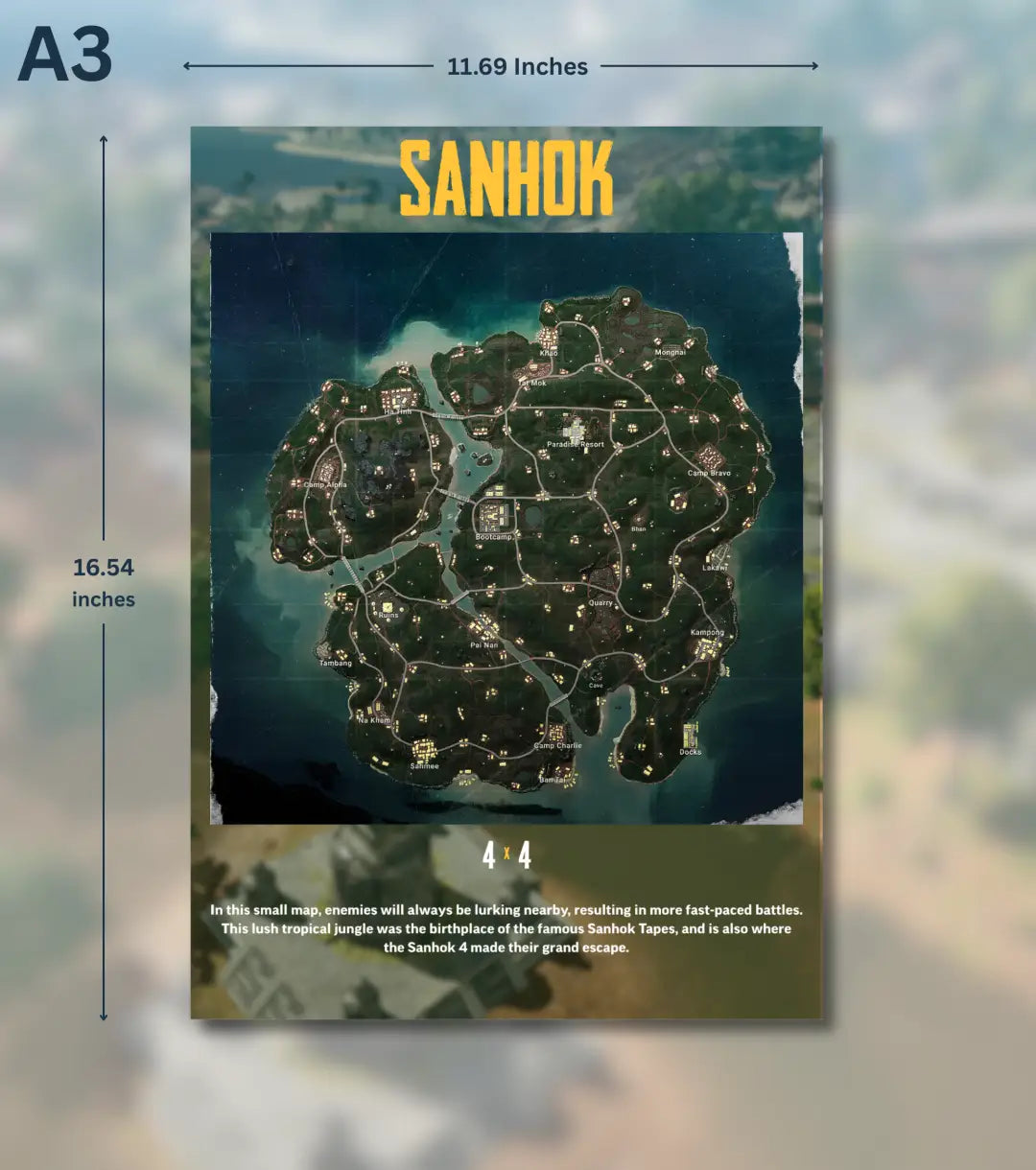 BGMI Map Wall Art Set – Erangel Miramar Sanhok & Vikendi | 300 GSM Matte Poster - Sanhok / A3 / Unframed - BGMI/PUBG
