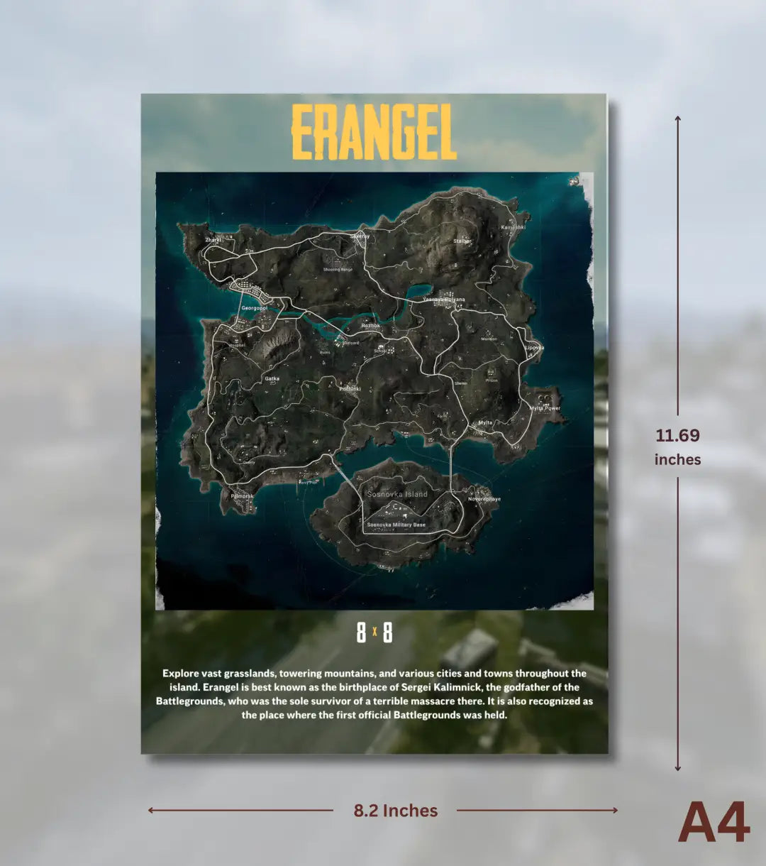 BGMI Map Wall Art Set – Erangel Miramar Sanhok & Vikendi | 300 GSM Matte Poster - Erangel / A4 / Unframed - BGMI/PUBG