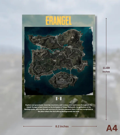 BGMI Map Wall Art Set – Erangel Miramar Sanhok & Vikendi | 300 GSM Matte Poster - Erangel / A4 / Unframed - BGMI/PUBG